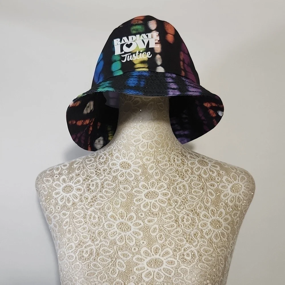 NWOT Justice Kids Girl's Black Tie-Dye Bucket Hat Radiate Love Graphic Party